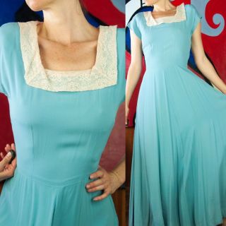 Sky Blue Vtg 30s 40s Wwii Rayon Gorgeous Maxi Garden Party Lace Dress M/l