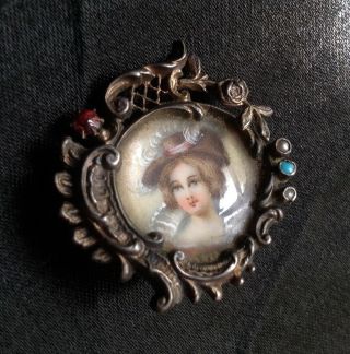 Fine Antique Victorian Silver Brooch Portrait Miniature Stuart Lady Hat Jewels