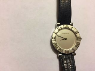 Tiffany & Co.  Atlas Sterling Silver Round Leather Strap Quartz Watch Vintage.