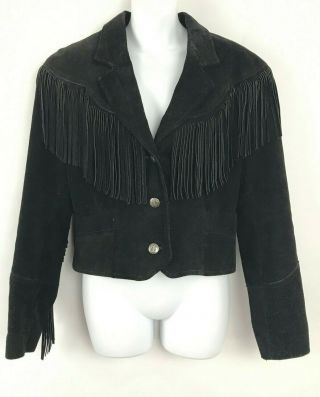 Vtg Pioneer Wear Western Black Suede Leather Cropped Fringe Jacket Womens Sz 12