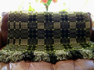 Vintage Derw Mill Reversible Welsh 100 Wool Blanket 92 " X84 " Green/black/cream