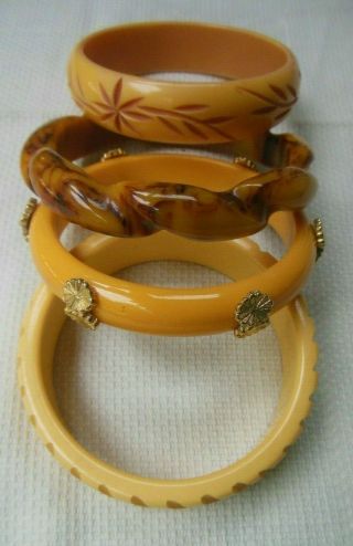 4 Vintage Bakelite Bracelets Carved Twist Applied Decoration
