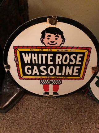 Vintage Porcelain White Rose Gasoline Gas Pump Plate Enarco Motor Oil