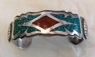 Vintage Navajo Native American Turquoise & Coral Chip Inlay Silver Bracelet