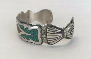 Vintage Navajo Native American Turquoise & Coral Chip Inlay Silver Bracelet 5