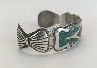 Vintage Navajo Native American Turquoise & Coral Chip Inlay Silver Bracelet 6