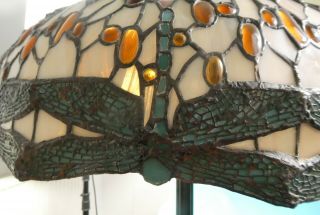 Massive American Bronze Art Glass Lamp Tiffany Style Dragonflies Stones Ca 1970 10
