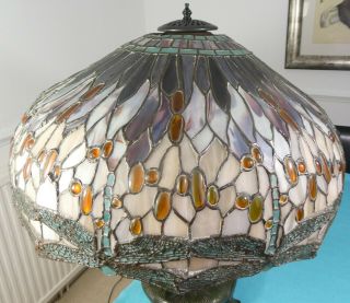 Massive American Bronze Art Glass Lamp Tiffany Style Dragonflies Stones Ca 1970 2