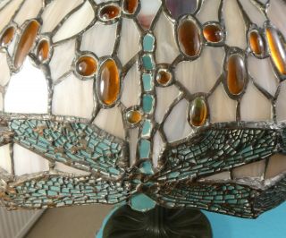 Massive American Bronze Art Glass Lamp Tiffany Style Dragonflies Stones Ca 1970 3