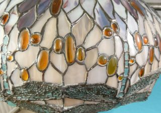 Massive American Bronze Art Glass Lamp Tiffany Style Dragonflies Stones Ca 1970 7