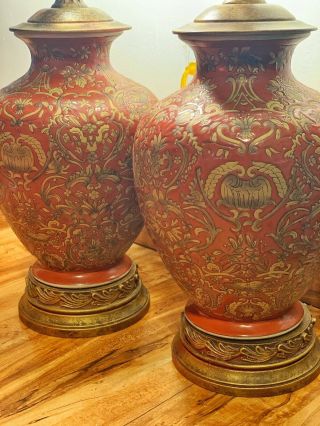 1 Set (2) Vintage 24in.  Oriental Accent Brass Candle Lamp Chinoiserie Hand Painted