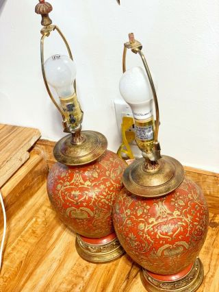 1 Set (2) Vintage 24in.  ORIENTAL ACCENT BRASS Candle LAMP Chinoiserie Hand Painted 2