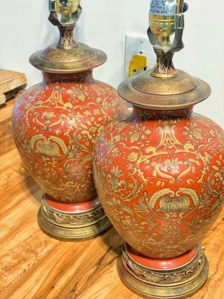 1 Set (2) Vintage 24in.  ORIENTAL ACCENT BRASS Candle LAMP Chinoiserie Hand Painted 3