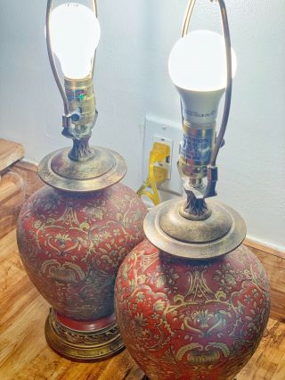 1 Set (2) Vintage 24in.  ORIENTAL ACCENT BRASS Candle LAMP Chinoiserie Hand Painted 5