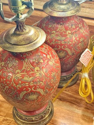 1 Set (2) Vintage 24in.  ORIENTAL ACCENT BRASS Candle LAMP Chinoiserie Hand Painted 6