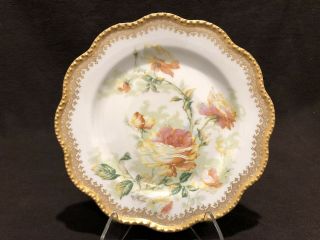 Antique Haviland Limoges Yellow Cabbage Rose Cabinet Plate Signed M Maudin Gold