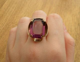 Vintage Jewellery Large 9ct Gold 14.  2 Ct Amethyst Paste Statement Cocktail Ring