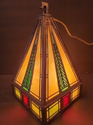 Antique Slag Stained Glass Mission Style Hanging Lamp