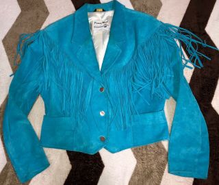 Vintage Pioneer Wear Suede Leather Fringe Western Jacket Coat Women 