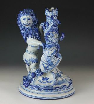Antique St Clement Emile Galle French Faience Blue White Lion Tower Statue Wsc