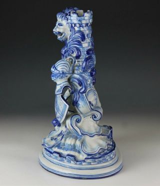 Antique St Clement Emile Galle French Faience Blue White Lion Tower Statue WSC 2