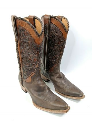 Stetson Mens Vintage Custom Tooled Leather Western Cowboy Boots.  Inlay Fast Ship