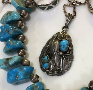 Vintage Native American Turquoise Pendant Necklace Choker Earrings ALL STERLING 4