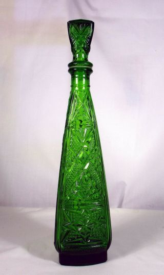 Vintage Rossini Empoli Glass,  Green 3 Sided Genie Bottle Decanter