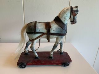Antique Carved Painted Wood American Folk Art Horse Pull Toy Primitive