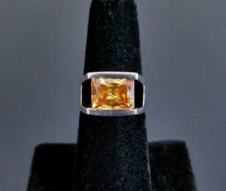 Vtg 925 Sterling Silver Mcm Rustic Square Cut Citrine Solitaire Ring,  Sz 5.  25