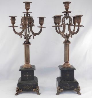 Pair Antique French Bronze & Black Slate Candle Holders Candelabras Mantle Shelf