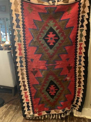 Handsome Wool Turkish Kilim Rug Double Saddle Blanket 57”l X 36 " W Vintage