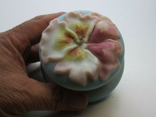 Antique Nakara Blow Out Pink Flowers Lid WIth Blue Bottom Art Glass Trinket Box 2