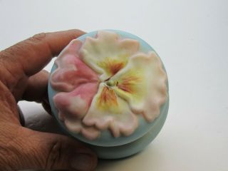 Antique Nakara Blow Out Pink Flowers Lid WIth Blue Bottom Art Glass Trinket Box 8