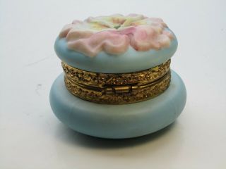 Antique Nakara Blow Out Pink Flowers Lid WIth Blue Bottom Art Glass Trinket Box 9