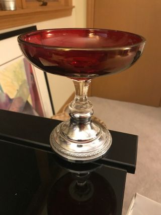 Vintage Red Glass Compote Candy Dishes (2) Weighted Silver Pedestal (nf)