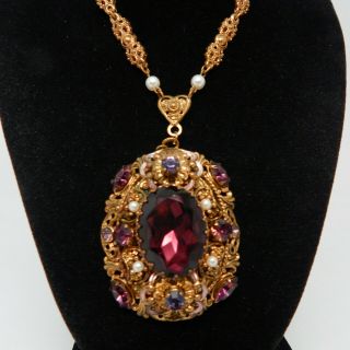 Made In Western Germany Jeweled Purple Glass Pearl Bookchain Gold Vtg Necklace