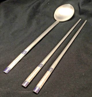 Vintage Silver Korean Rice Spoon And Chop Sticks.