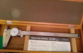 Mitutoyo Dial Caliper 505 - 648 0.  02mm Jeweled Vintage Japan Vgc Wood Box