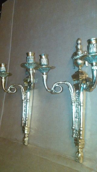Vintage Cast Brass Neoclassical Double Candle Light Wall Sconces Made In Spain