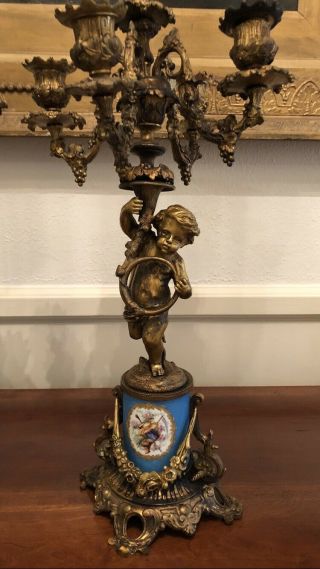 Antique 19th C.  French Pair Sevres Porcelain Candelabra With Putti