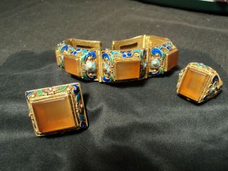 Vintage Chinese Filigree Cloisonne Bracelet,  Brooch,  Ring Set