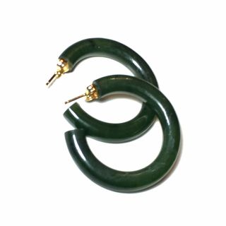 Vtg Chinese Export 14k Gold Carved Dark Green Spinach Jade Hoop Pierced Earrings