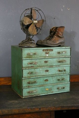 Vintage industrial Metal Cabinet Green Parts bin drawers Springs Hardware store 2