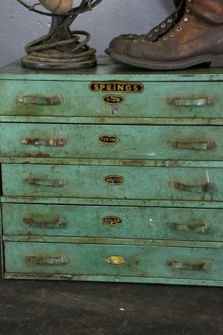Vintage industrial Metal Cabinet Green Parts bin drawers Springs Hardware store 4