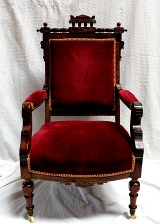 Antique Restored Eastlake Style Walnut & Velvet Parlor Chair
