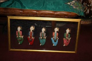 Antique Vintage India Chinese Wood Carved Musician Figures - 5 Figures - Colorful