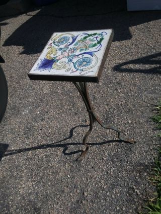 Vintage Antique Wrought Iron Arts & Crafts Tile Top Garden Patio Table Stand