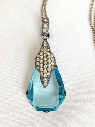 Vintage Antique Art Deco Aquamarine Blue Rock Crystal Paste Open Back Necklace