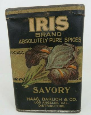 Iris Savory Spice Tin Paper Label Antique Flower Haas Baruch Los Angeles Ca Full